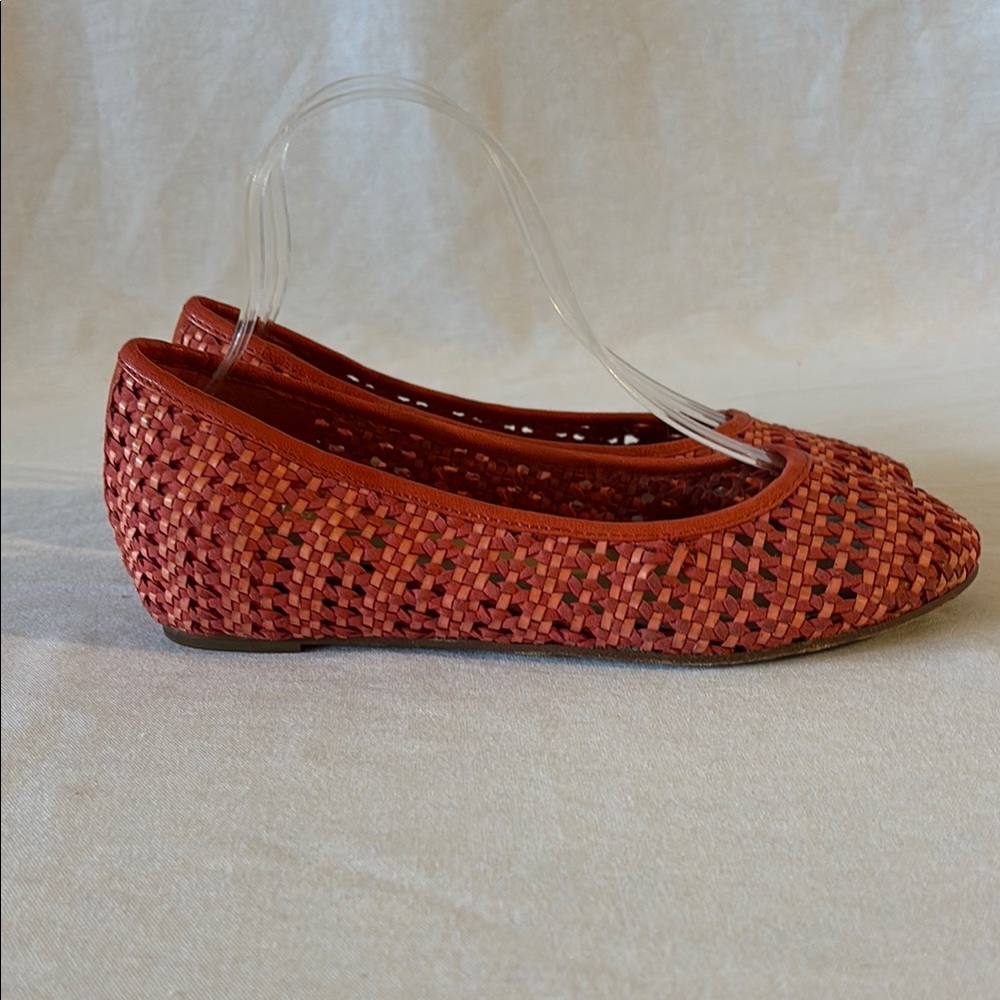 Eileen Fisher Orange Coral Woven leather slip on 1 1/2” hidden wedge SIZE 8.5